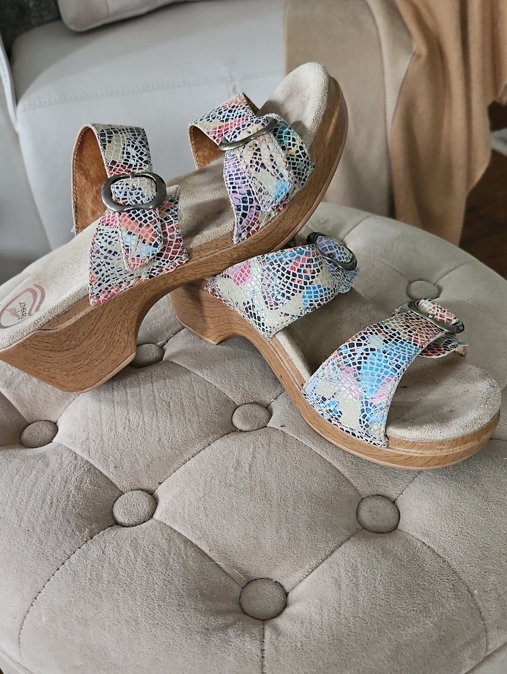 Dansko Double Strap Buckle Platform Slide Sandals Multi Colour Leather Sz 9M